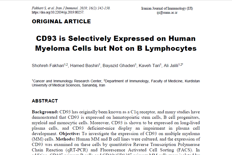 CD93 is Selectively Expressed on Human Myeloma Cells but Not on B Lymphocytes