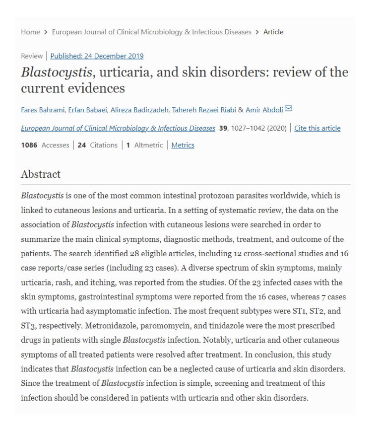 Blastocystis, urticaria, and skin disorders: review of the current evidences