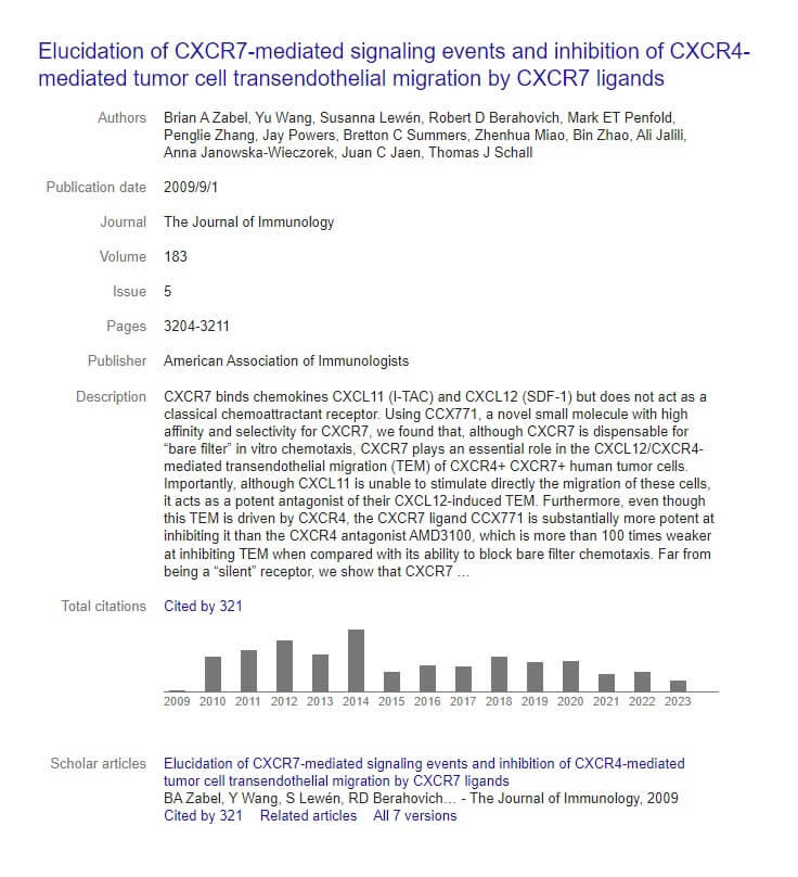 Elucidation of CXCR7-mediated signaling events and inhibition of CXCR4- mediated tumor cell transendothelial migration by CXCR7 ligands