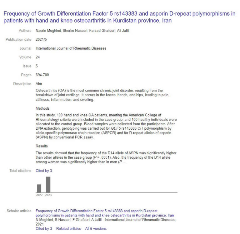 Frequency of Growth Differentiation Factor 5 rs143383 and asporin D-repeat polymorphisms in patients with hand and knee osteoarthritis in Kurdistan province, Iran