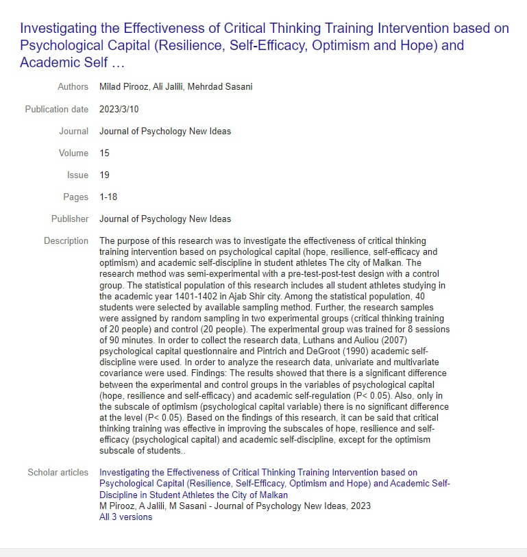Investigating the Effectiveness of Critical Thinking Training Intervention based on Psychological Capital (Resilience, Self-Efficacy, Optimism and Hope) and Academic Self