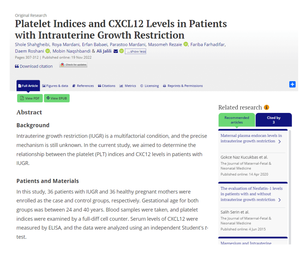 Platelet Indices and CXCL12 Levels in Patients with Intrauterine Growth Restriction