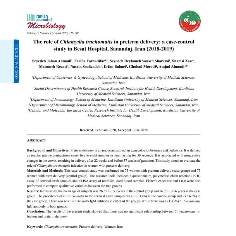 The role of Chlamydia trachomatis in preterm delivery a case-control study in Besat Hospital, Sanandaj, Iran (2018-2019)